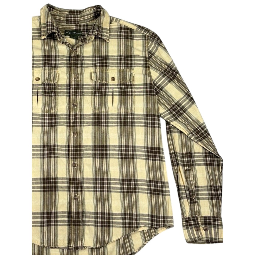 Eddie Bauer Men's Button Down Shirt Large Yellow Plaid Outdoor Long Sleeve